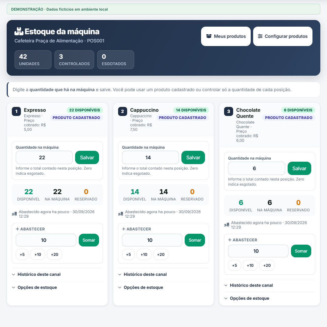 Tela de estoque CashMAQ com produtos e quantidades de demonstração